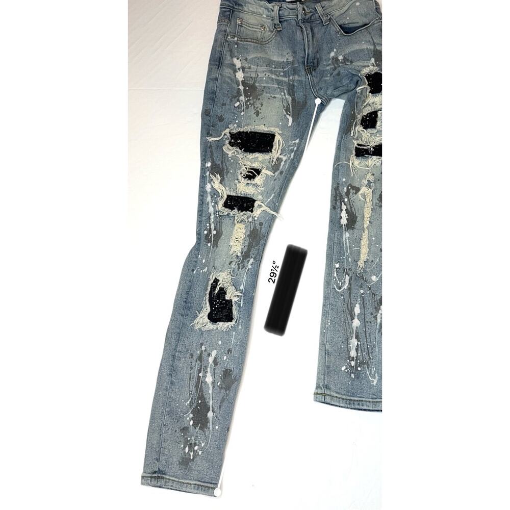 DNA Premium Painted Embellished Ripped Destroyed Blue Jeans 30 Streetwear Grunge - Picture 7 of 11